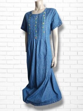 Vintage Bobbie Brooks Embroidered Denim Short Sleeve Maxi Dress Size L